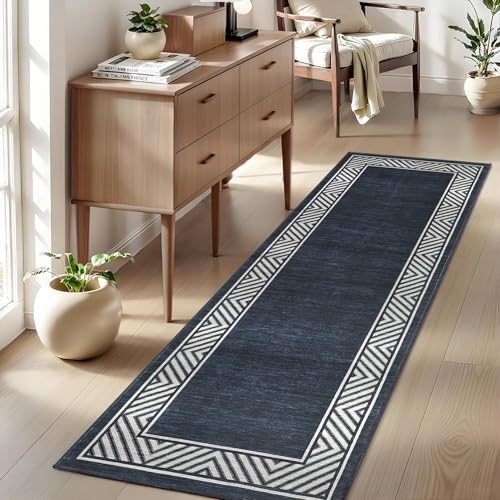Washable Hallway Rug 2x6 Narrow Modern Bordered Floor Runner (Navy / 2' x 6' (Rectangular))