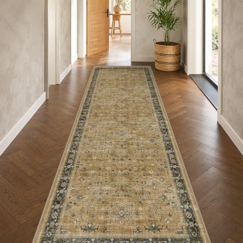 Boho Washable 3x10 Extra Long Runners for Hallways (3' x 10' (Runner) / Rustic Brown / Charcoal Olive)