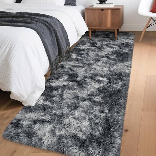 Tie Dyed Dark Grey 2x6 Machine Washable Runner Rugs for Hallway Soft Fluffy Shaggy Bedside Rugs for Bedroom Living Room Indoor Floor Carpet for Kids Girls and Boys Nursery Rooms Home Decor Aesthetic (Tie-dyed Dark Grey / 2' x 6' (Runner))