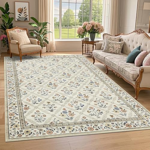 Large Entryway Rug 3x5 Floral Washable Area Rugs Vintage Soft Non (Beige/Sand / 3' x 5' (Rectangular))