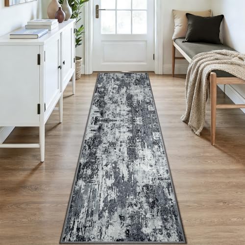 Washable Runner 2'x9' Abstract Area Rug for Hallway Black White (Black/Navy Blue/Gray / 2' x 9' (Runner))