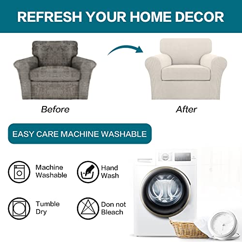 2 Piece Chair Covers for Living Room Armchair Couch Cover with Individual Cushion Covers Furniture Cover for Chairs Feature Jacquard Fabric (Armchair (1 Cushion) / Ivory)