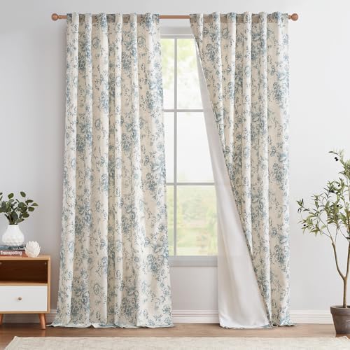 Floral Lined Linen Curtains 108 Long for Living Room 2 Panels (Lined Blue / 50"W x 108"L (Pack of 2))