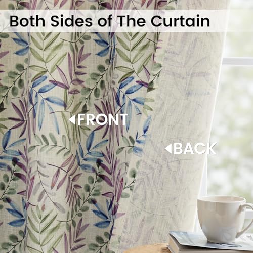 84 Inches Blue and Purple Leaves Linen Curtains for Bedroom (Linen Blue and Purple / 52"W x 84"L (Pack of 2))