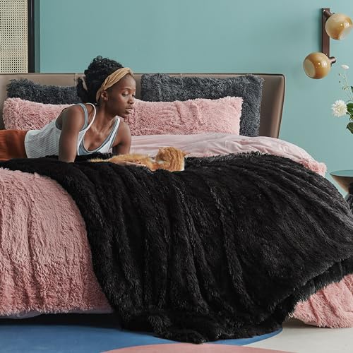 Faux Fur Fluffy Sherpa Fleece Queen Bed Blanket Black 60"x80" (07- Black / Queen (90" X 90"))
