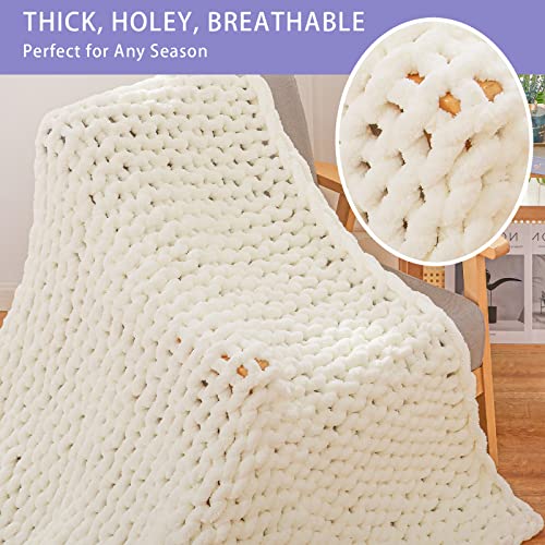 Chunky Knit Throw Blanket for Couch (Ivory / 40"x60" (Medium Size Throw）)