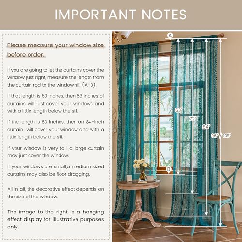 Boho Lace Curtains 96 Inches 2 Panel (59"W x 96"L (Pack of 2) / Teal)