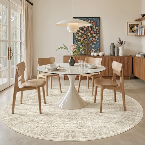 Round Rugs 8ft Living Room Circle Area Rug 8x8 Beige Vintage (Beige / 8' (Round))