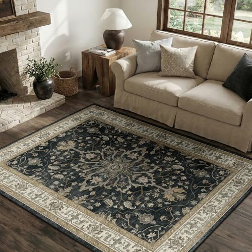 Washable Area Rug (Black/Vintage/Beige / 4' x 6' (Rectangular))