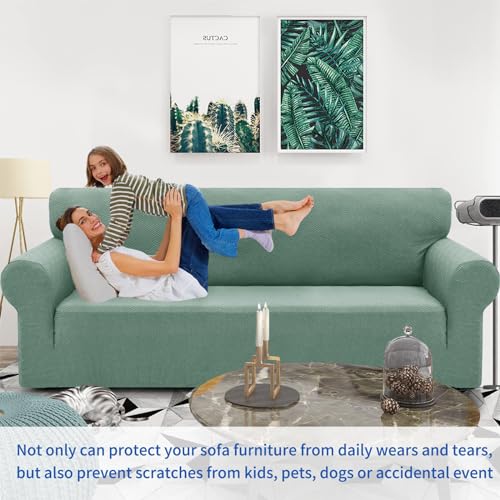 1 Piece Jacquard Couch Covers for 3 Cushion Couch High Stretch Sofa Cover for Pets Dogs Anti Slip Extra Large Sofa Slipcovers Furniture Protector (X-Large (91"-112") / New Pattern Pea Green)