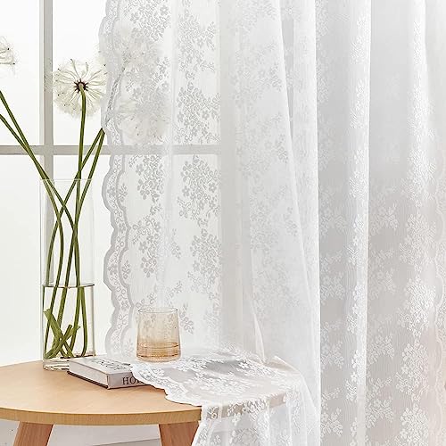 Vintage Lace Curtains 102 Inches Long (Bright White / 52"W x 102"L (Pack of 2))