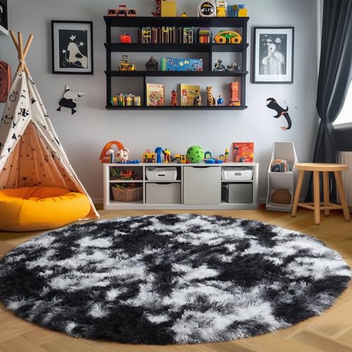 Black White Grey Round Circle Area Rug 4Ft for Bedroom Living Room (Black White Grey / 4' (Round))