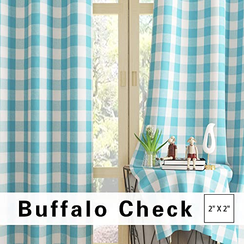 Buffalo Check Window Curtains 100 inches Long Living Room Cotton Curtain Panels Bedroom Drapes Plaid Gingham Farmhouse Decor Curtains Rod Pocket Kitchen Basement 2 Panels Sky Blue White 52"x100" (52"W x 100"L (Pack of 2) / Sky Blue+white)