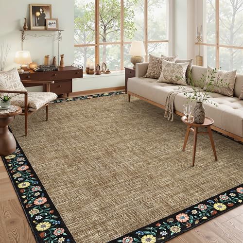 Washable Living Room Rug 9x12 Floral Bordered Area Rugs Soft Thin Indoor Carpet for Bedroom Modern Throw Aesthetic Mat Non Slip Stain Resistant Carpet for Dining Room Office (Black/Brown Flax / 9' x 12' (Rectangular))