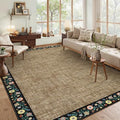 Washable Living Room Rug 9x12 Floral Bordered Area Rugs Soft Thin Indoor Carpet for Bedroom Modern Throw Aesthetic Mat Non Slip Stain Resistant Carpet for Dining Room Office (Black/Brown Flax / 9' x 12' (Rectangular))
