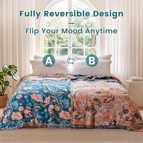 Boho Throw Blanket 50"x60" Cotton Birds Floral Blanket for Couch (Flowers Birds / 50"x60")