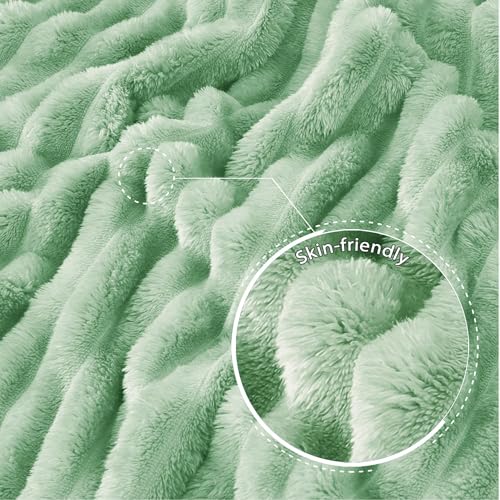 Striped Queen Size Fleece Blanket for Bed (Sage Green / Queen ( 90x90 IN ))