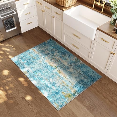 Entrance Rugs Indoor 2x3 Teal Blue Entry Rug Washable Abstract Small Area Rug Non (Teal Blue / 2' x 3' (Rectangular))