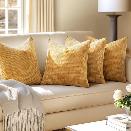 Soft Decorative Chenille Pillow Covers Gold 20x20 Pack of 4 (20" x 20" (Pack of 4) / Gold)