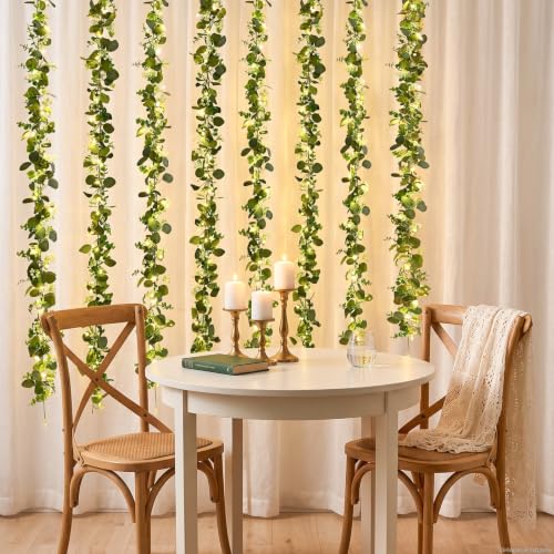 2 Packs 6FT Artificial Eucalyptus Garland Faux Greenery Garland (Grey Green With White Seed and Light / 2 Packs)