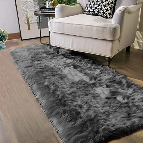 Hallway Runner Rugs 2x10 Dark Gray Faux Wool Fur Rug Wasgable Non Slip Fluffy Rug for Living Room Luxury Home Décor Rectangle (2' x 10' (Runner) / Dark Grey)