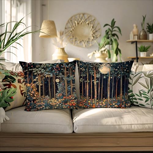 Vintage William Morris Moon Inspired Forest Decor Throw Pillow Covers 18x18 Set of 2 (Forest-black Orange -15 / 18" x 18" (Pack of 1))