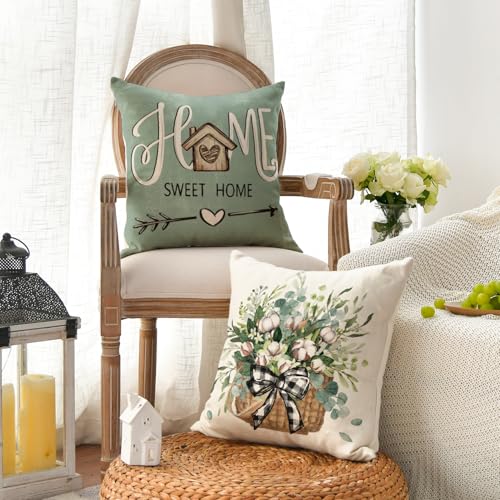 Bless Our Home Farmhouse Eucalyptus Leaves Throw Pillow Covers (Blue / 20" x 20" (Pack of 4))
