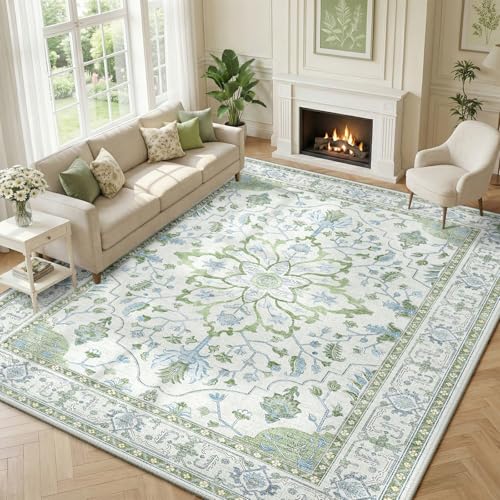 Washable Area Rug (Green/White/Blue / 10' x 12' (Rectangular))