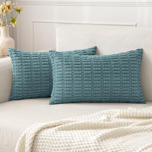 Lumbar Corduroy Decorative Throw Pillow Covers 12x20 Coastal Blue (Coastal Blue / 20" x 12" (Pack of 2))
