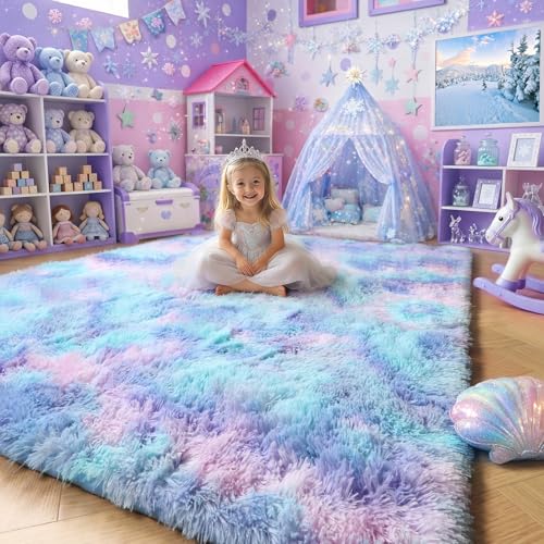 Purple Rainbow Mermaid Furry Kids Area Rug 5x8 for Girls Bedroom (Blue Purple Rainbow / 5' x 8' (Rectangular))