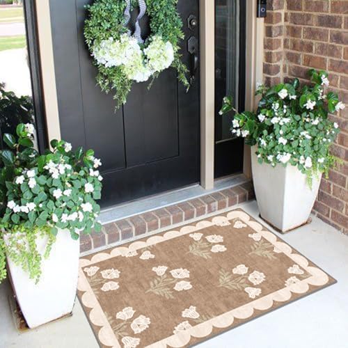 Front Door Mat Outside Entrance (Flower - Brown / 2' x 3' (Rectangular))