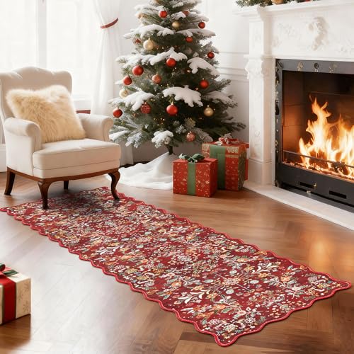2x8 Christmas Runner Rug Washable Christmas Holiday Carpet Runner (Red Christmas Floral / 2' x 8')