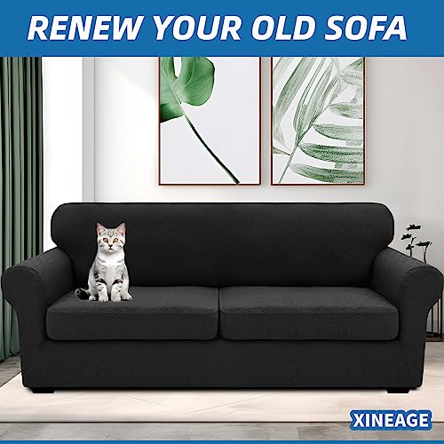 3 Piece Stretch Sofa Cover (71"-91"(2 Cushions) / Black)