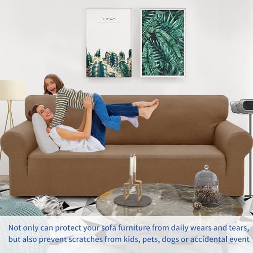 1 Piece Jacquard Couch Covers for 3 Cushion Couch Living Room High Stretch Sofa Cover Pets Dogs Friendly Anti Slip Thickened Slipcovers Furniture Protector (Large (71"-90") / New Pattern Light Coffee)