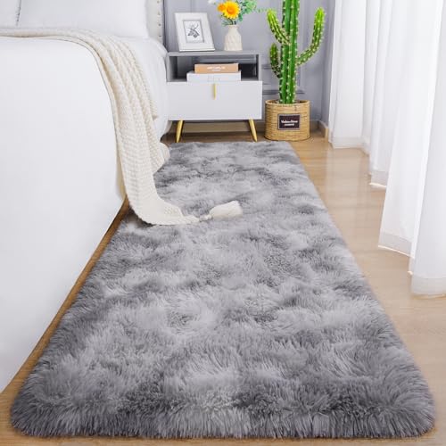 Soft Runner Rug for Bedroom Living Room Plush Fluffy Rugs 2x6 (Grey and White / 2' x 6' (Runner))