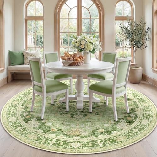 Washable Area Rug (Green/Yellow / 7' (Round))