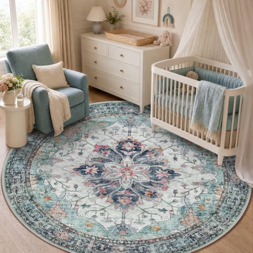 Washable Area Rug (Teal Green/White/Navy / 5' (Round))