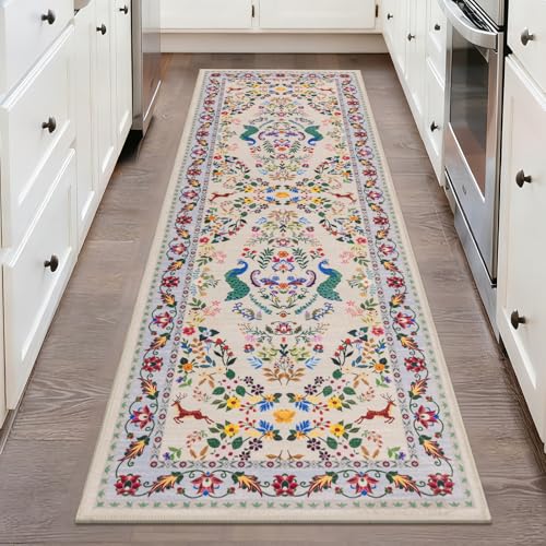 HEBE Hallway Runner Rug 2'x6' (Floral Beige / 2' x 6' (Rectangular))