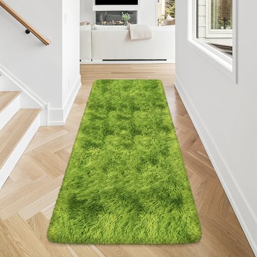 Tie Dyed Runner Rug for Bedroom Green 2x5ft Fluffy Area Rug Bedside Runner Rug for Kids Room Boys Teens Nursery Baby Living Room Dorm Home Decor Carpets (Tie-dyed Green / 2' x 5' (Runner))