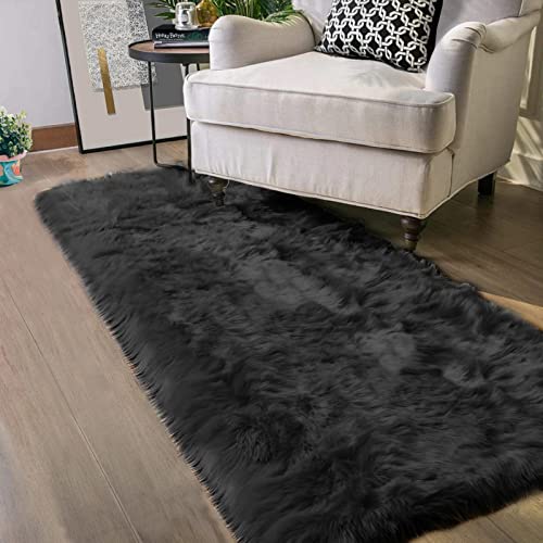 2x8 Runner Black Faux Sheepskin Fur Rug Washable Shag Fluffy Rugs for Bedroom for Home Decor Rectangle (2' x 8' (Runner) / Black)