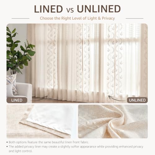 Floral Lined Linen Curtains 96 Inch Farmhouse Back Tab 2 Panels (Ivory / 50"W x 96"L (Pack of 2))