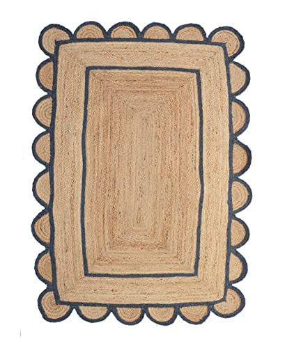 Scallop Pattern Jute Bohemian Area Rug (2'6"x12' (Runner) / Navy)
