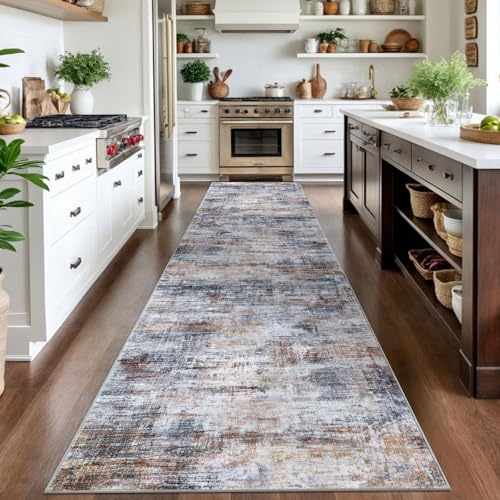 Abstract Runner Rug 3x14 Ft Washable Runners for Hallways (Orange/Brown/Grey / 3' x 14' (Rectangular))