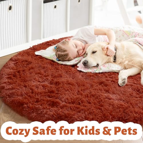 Terracotta Large Furry Round Rug 6Ft for Living Room Kids Bedroom (Terracotta / 6' (Round))