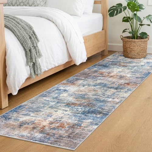 Abstract Runner Rug 2x7 Ft Washable Runners for Hallways (Blue/Rust/White / 2' x 7' (Rectangular))