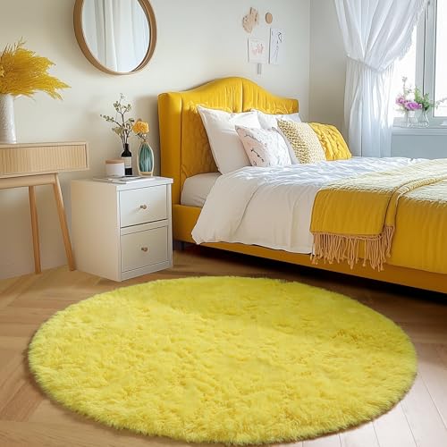 Yellow Shag Fuzzy Large Round Area Rug 6Ft for Bedroom Living Room (Yellow / 6' (Round))