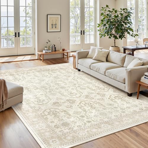 5x7 Area Rug Low Pile Washable Trendy Faded Style Rug (Beige/Brown / 5' x 7' (Rectangular))