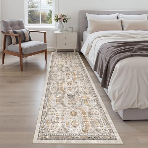 Kitchen Runner Rug 2x7 with Rubber Backing Non Slip (Brown/Gold / 2' x 7' (Runner))