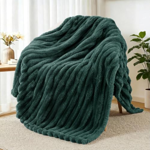 Striped Fleece Throw Blanket for Couch (Forest Green / Throw ( 50x60 IN ))