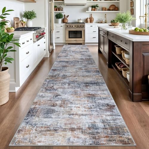 Abstract Runner Rug 3x16 Ft Washable Runners for Hallways (Orange/Brown/Grey / 3' x 16' (Rectangular))